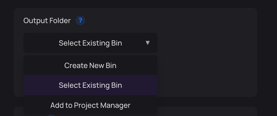 Clip organization settings showing options to Create New Bin, Select Existing Bin, or Add to Project Manager